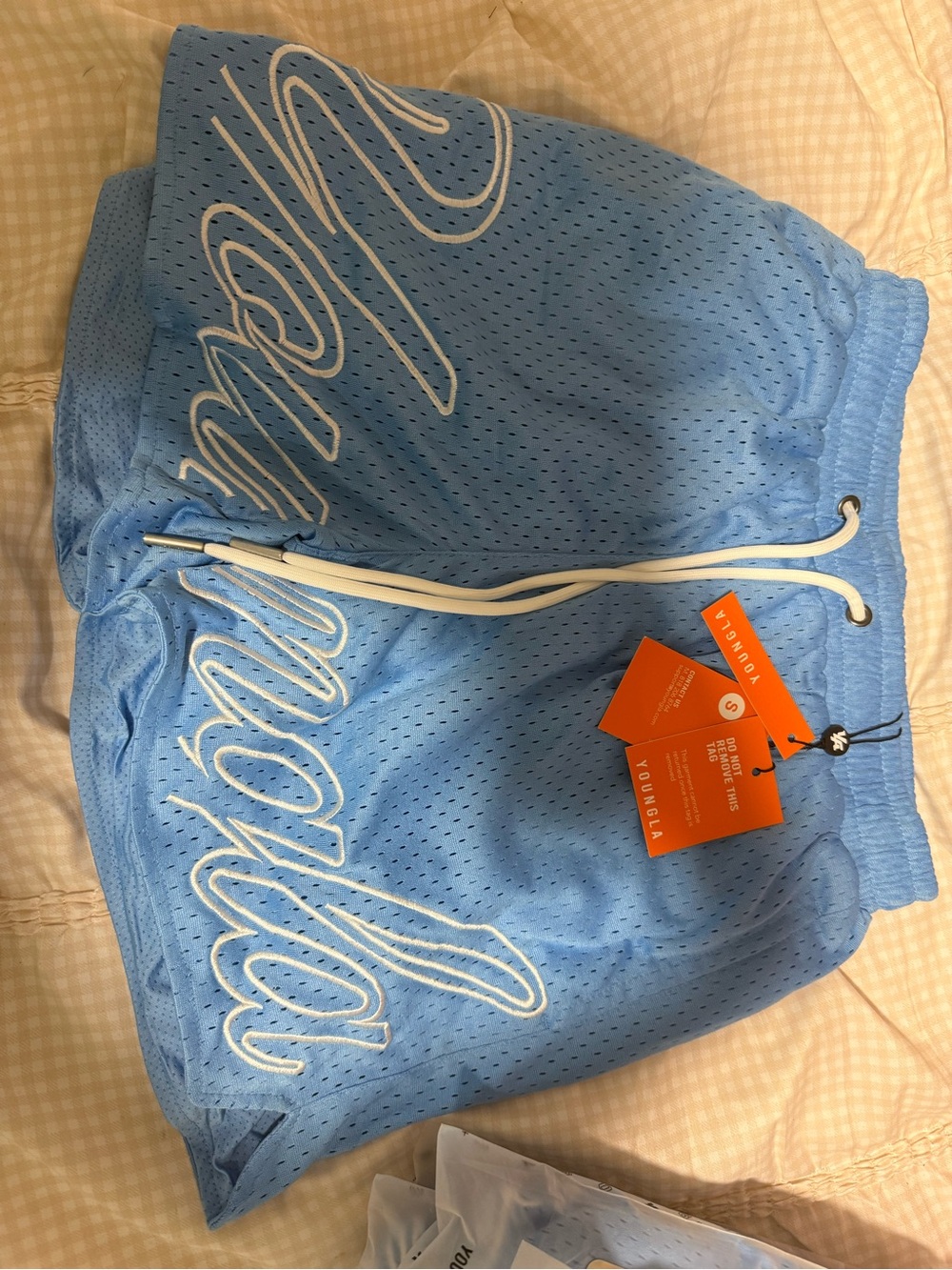 YoungLA Light Blue Mesh Athletic Shorts with White Script
